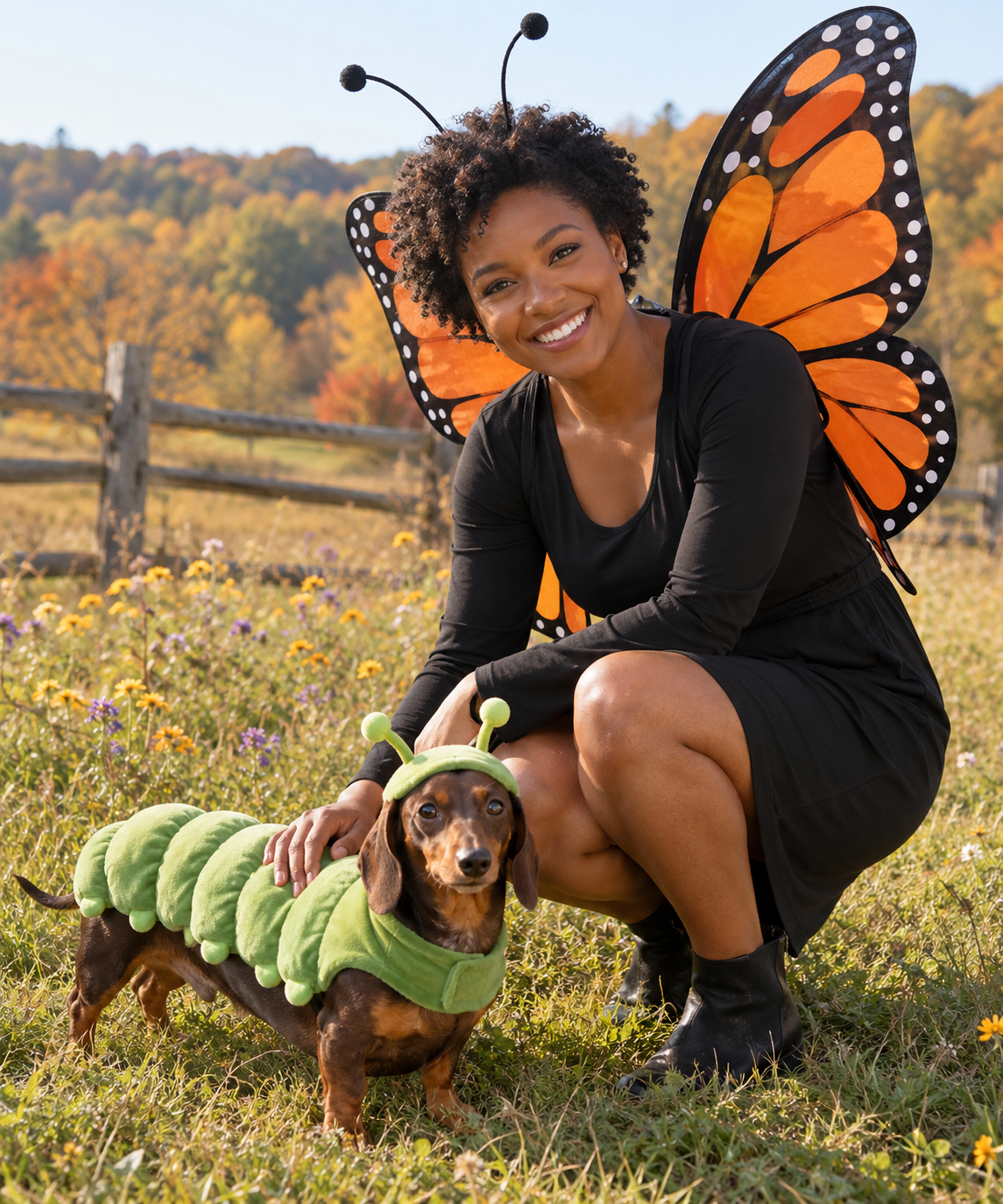 Butterfly mom and caterpillar dachshund dog halloween costume